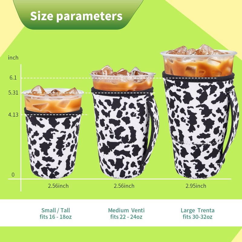 Snowso 3 Pack Iced Coffee sleeve Insulated Neoprene Cup Sleeves with handle For Cold Drinks Beverages, Reusable Cup Holder for 16oz-32oz Coffee Cups (Cow Print) - Image 2